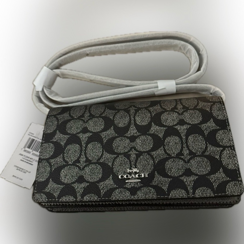 Coach Signature Black and Gray Crossbody Wristlet